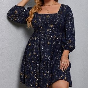 Plus Allover Star Print Bishop Sleeve Dress